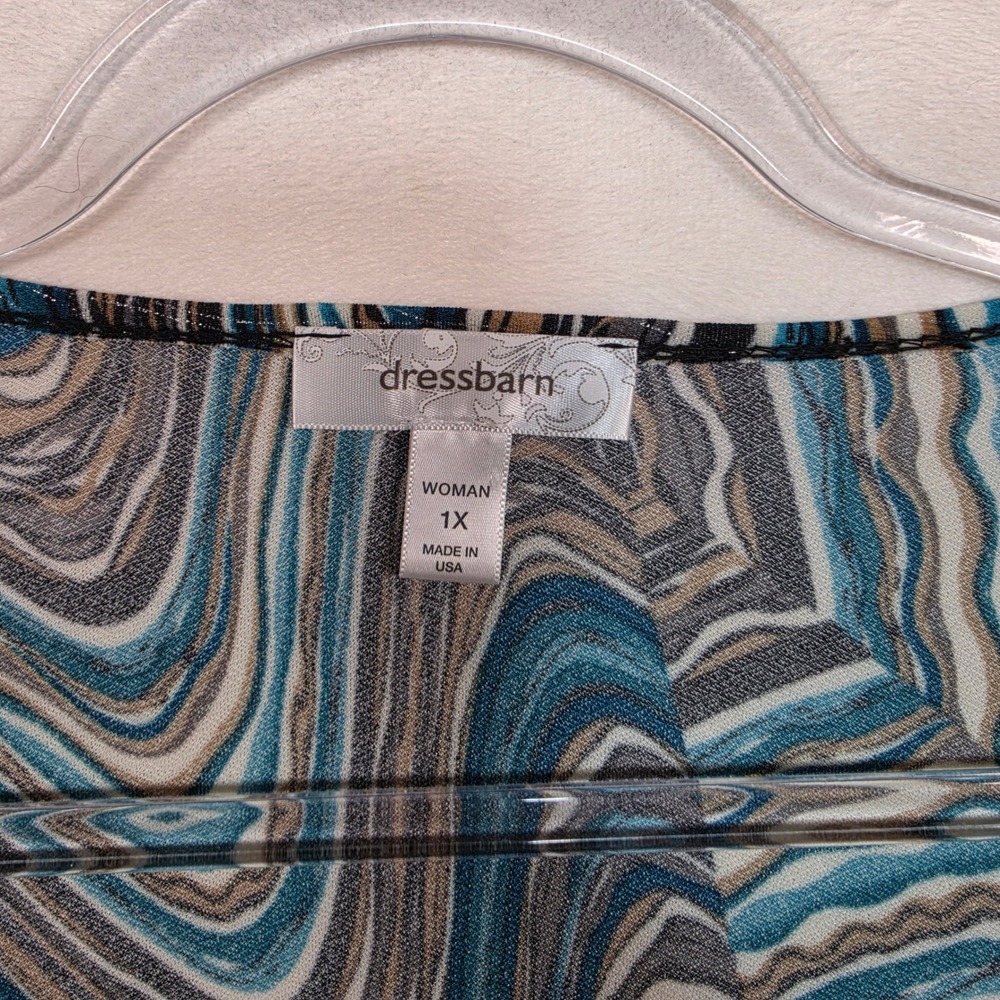 Dressbarn Blouse Womens 1X Blue Brown Abstract Swirl Boho Whimsical Metallic - Picture 3 of 13